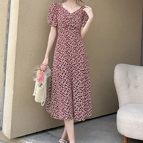 여자 봄여름 외출 빨간색 얇은 반팔 롱원피스