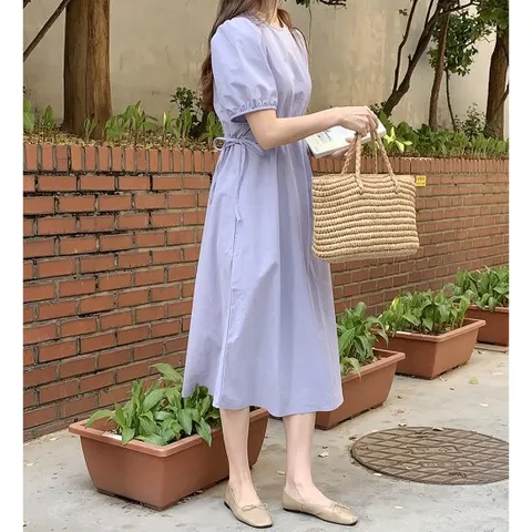 [앤샵] 여성용 링클 반팔 셔링 여름 롱 원피스