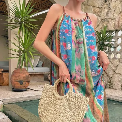 [비바럽]오리엔탈 비치 원피스 OP20066F 에스닉 루즈핏 구슬 홀터넥 플라워 롱 휴양지 바캉스룩