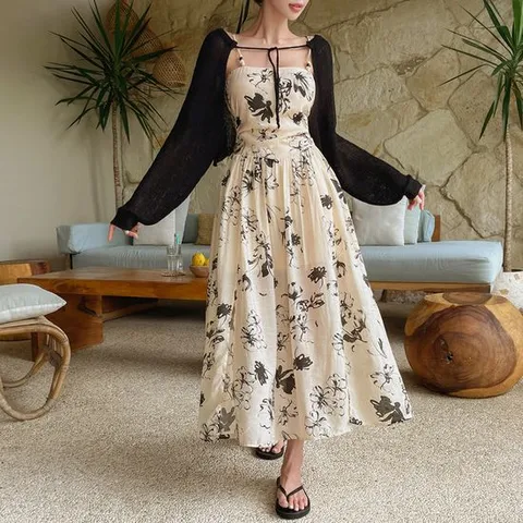 [비바럽]잉크 플라워 비치 원피스 OP20074F 여름 끈나시 트임 롱 드레스 베이지 바캉스 휴양지룩