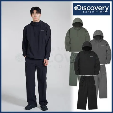 [ 롯데백화점 ]디스커버리 24년 가을 이월/할인 남성 우븐 에센셜 후드아노락+루즈핏스트링팬츠 나일론 트레이닝세트 DMTR35044,DMTP35044