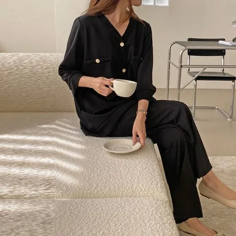 [보리맘]브이넥 블랙 투피스 셋업 세트 빅사이즈 여성의류 Qb642