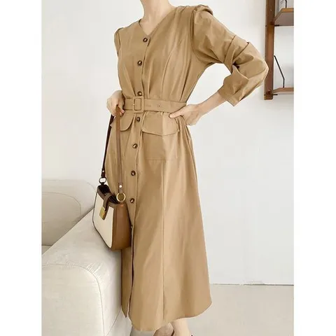 [샵앤]여성 허리벨트 노카라 앞단추 포켓 미디 롱원피스 CAT-WDR-12098-베이지