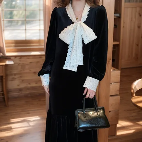 [디작소]여성 레트로 벨벳 소재 롱 겨울 원피스 하객룩 단정룩