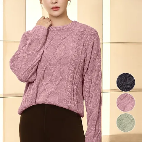 [3SET] 벨벳 케이블 파우더 풀오버 라운드 니트 3종세트 (S/M/L)