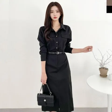 정장원피스 여성 우아한 클래식 하객룩셔츠 롱원피스 벨트포함