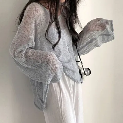 여자긴팔티 여성 브이넥 시스루 루즈핏 데일리 여름 그물 니트