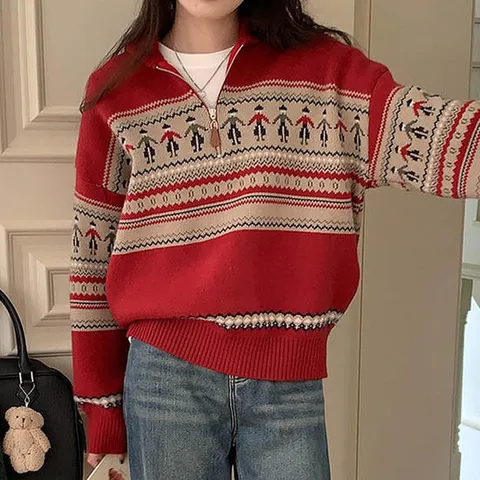 [하젤] 로파나 노르딕 도톰 반집업 니트_W3678