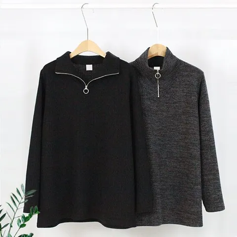 [해피통통] 빅사이즈 지퍼 폴라티 니트 반폴라 하이넥 긴팔티 여성의류