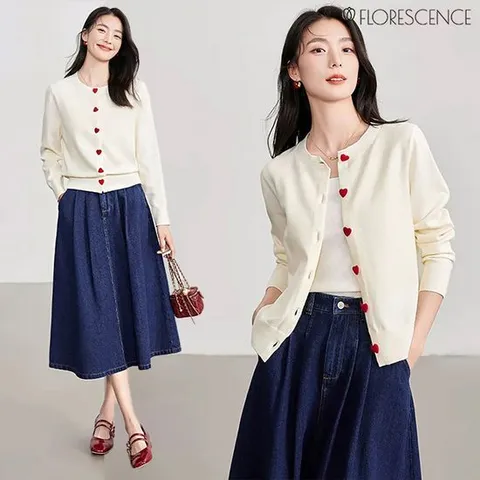 [헬리꽁땡](55~88)2종세트 하트가디건+데님스커트 봄니트 간절기니트 니트티 브이넥 카라넥 봄조끼