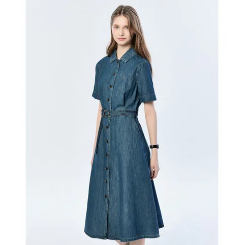 헤지스 여성 데님블루 반소매 오픈 카라 원피스 HSDR5A102B2