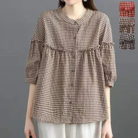 [키첼] 뎃디 고방 체크 7부 블라우스