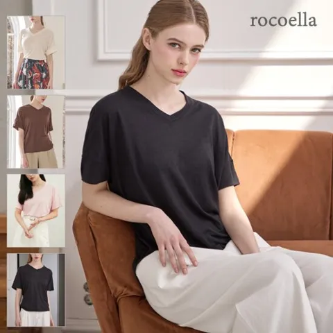 로코엘라 디어스 린넨 블렌디드 V넥 여성 티셔츠