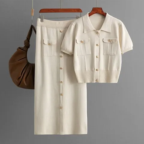 나바바 / NK2936 빈티지 버튼 반팔 니트 스커트 투피스 세트