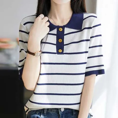 나바바 / NK2941 여성 골지 단가라 카라 반팔 니트티