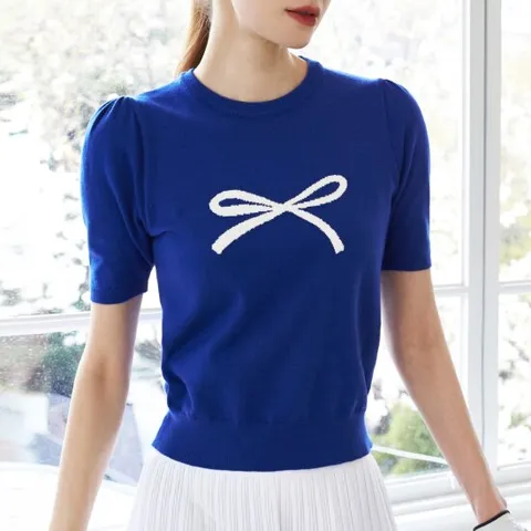 [르니앤맥코이골프] 여성 마린 블루 리본 볼륨 소매 반팔 니트 FM05KN174