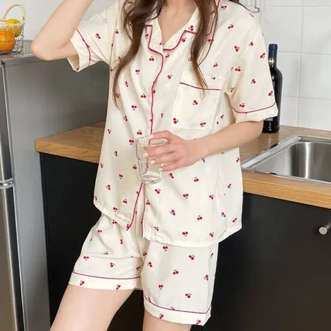 여성 지지미 여름 파자마 세트 반팔 반바지 잠옷 상하 3부