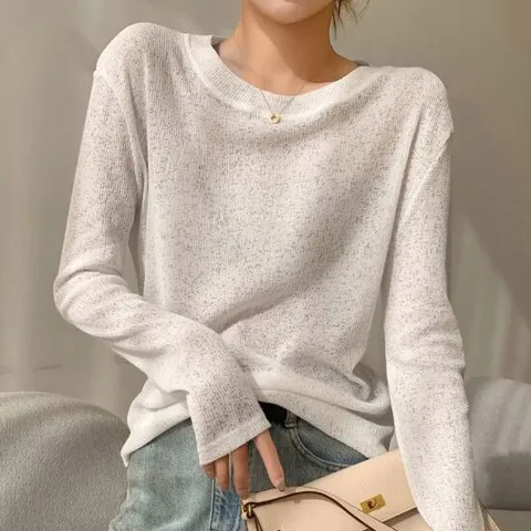 여리니트 간절기여름 얇은 시스루 루즈핏 라운드넥 긴팔 티셔츠