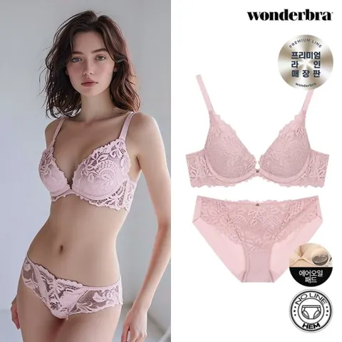 [원더브라] [원더핏/에어오일패드/와이어/햄팬티] 플로럴 패턴 레이스 브라 팬티 세트_핑크