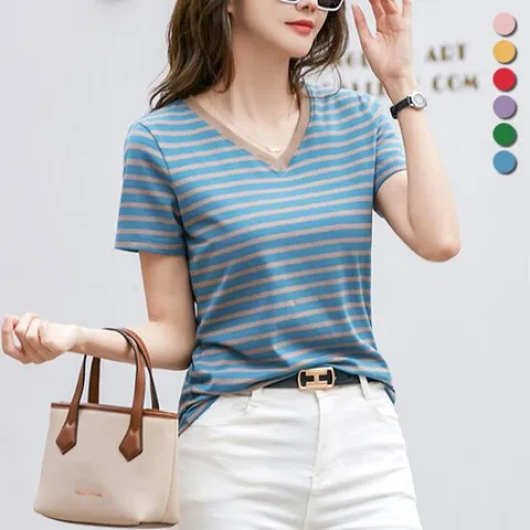 [유니제이] 셀티로 브이넥 스트라이프 배색 티셔츠