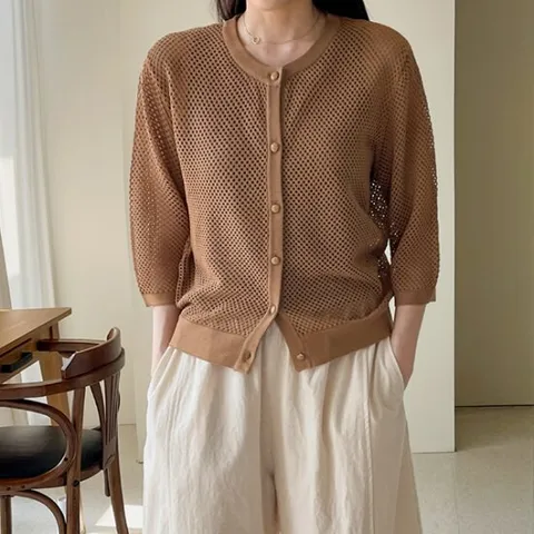 [어반프랑] 오크 매쉬 7부 라운드 망사 니트 가디건
