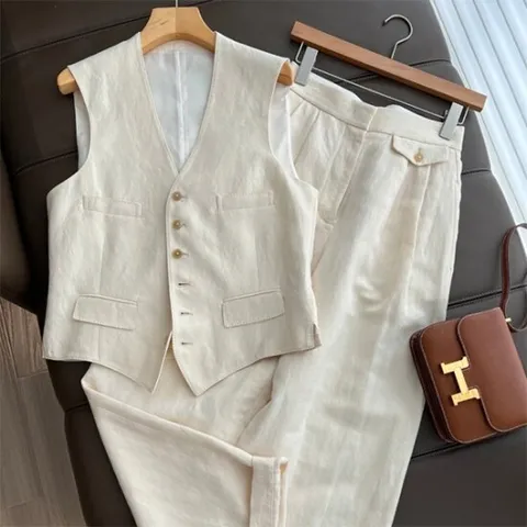 [아리엘스타일] 민소매셋업 베스트 핀턱와이드팬츠 젠리넨투피스