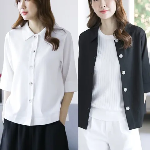 여성 인견 7부 셔츠 블라우스 루즈핏 반팔 남방 간절기 자켓 뒷트임 에이라인 체형커버