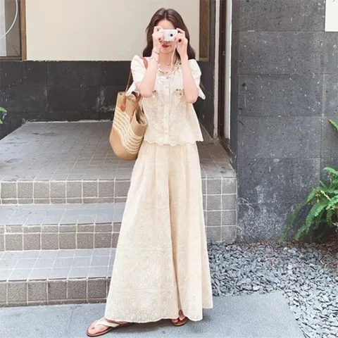 [아리엘스타일]여름블라우스 와이드팬츠 휴양지룩 베베아자수투피스