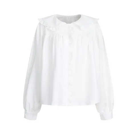 [샵앤]여성 레이스 피터팬 카라 프릴 루즈핏 긴팔 블라우스 EGG-WBL-20774-화이트