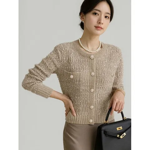 [에이샵]펄 트위드 짜임 니트 가디건_ASCD019F25