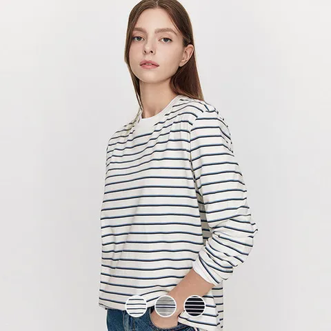 [지오다노/본사] 325909  여 멀티 스트라이프 긴팔티