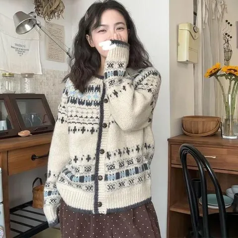 노르딕  라운드 배색 카디건 버튼 니트 가디건 wg-09