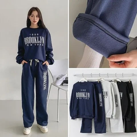 여성 겨울 기모 나염 맨투맨 티셔츠 일자바지 트레이닝 세트 츄리닝 투피스 셋업 PST0309S 빅사이즈 루즈핏