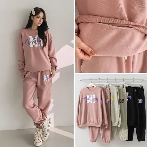 여성 겨울 기모 나염 맨투맨 티셔츠 조거팬츠 트레이닝 세트 츄리닝 셋업 투피스 PST0301S 빅사이즈 루즈핏