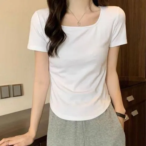이너티 여성 유넥 슬림라인 무지 세미크롭 반팔티 데일리룩