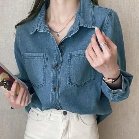 (스타일하우스)남방 셔츠 블라우스 모던한 청남방 데님 여자 빈