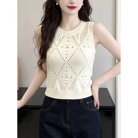 [드레스허그]다이아 민소매 라운드넥 니트 탑