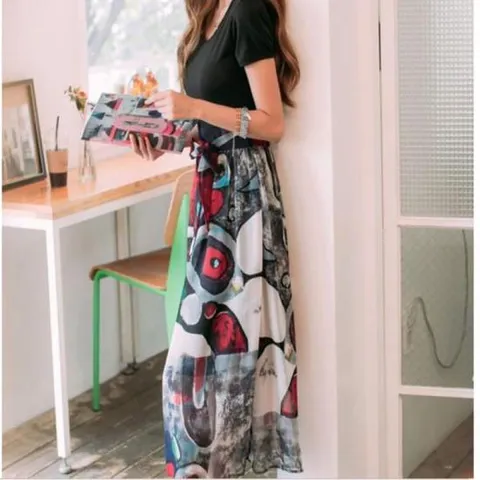 긴팔 원피스 라운드넥 패턴 프린트 치마 하객룩 출근룩