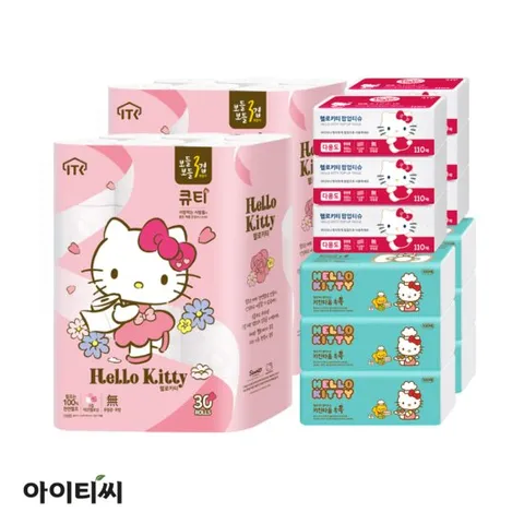 헬로키티 3겹 큐티(27m)화장지 60롤 + 팝업 6개입 + 키친 6개입