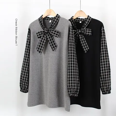 [해피통통] 빅사이즈 체크 타이 긴팔 티 캐주얼 정장 롱 여성의류