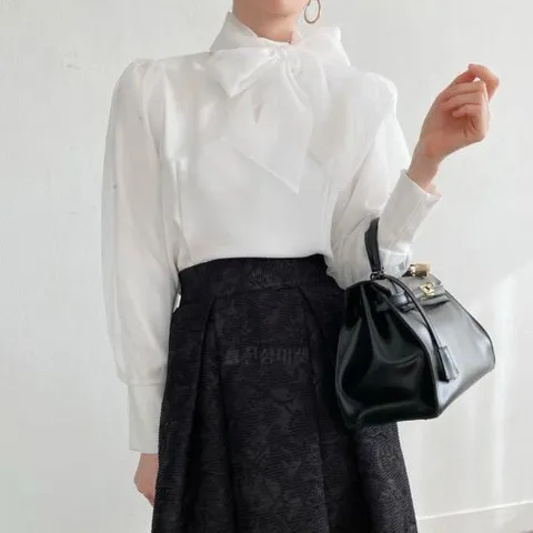 여자 리본 타이 벌룬 긴팔 스터드 무지 정장 블라우스