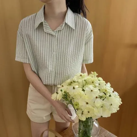 아트박스/신상오픈런 여성 카라넥 스트라이프 반팔 블라우스 +할인쿠폰