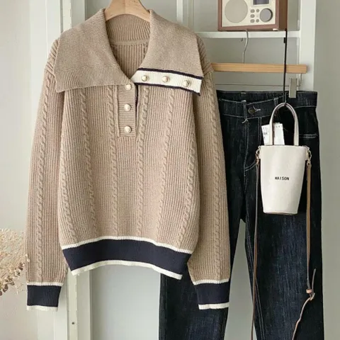 |CDT9AAE|여성 비스코스 컬러 블록 세일러 카라 버튼 니트