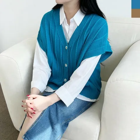 [하프클럽/옷자락]여자 박시 드롭숄더 브이넥 꽈배기 골지 봄 니트조끼