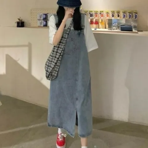 |CCO557C|여성용 포켓 디테일 트임이 있는 데님 멜빵 롱 드레스