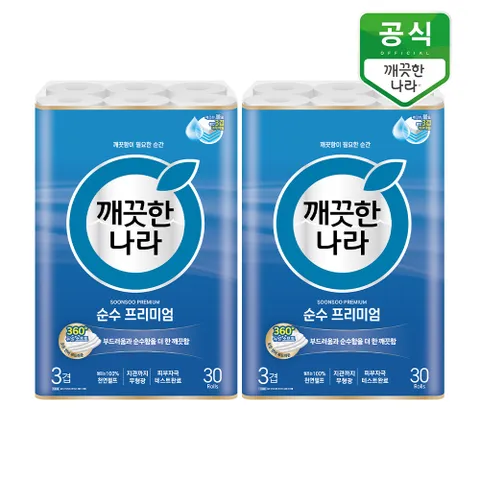깨끗한나라 순수 프리미엄 3겹 화장지 27m 30롤 x 2팩