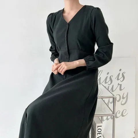 [하프클럽/옷자락]여자 브이넥 가슴셔링 슬림 a라인 기모 롱원피스