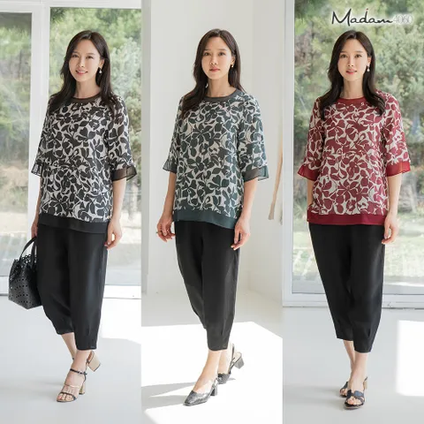 마담4060 플라워 풍기인견 쿨링 반팔블라우스+팬츠 상하세트 -QHSET2405002- +할인쿠폰