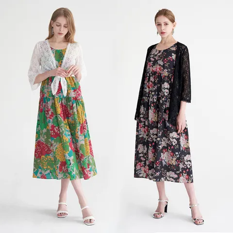 [La RACEE] 라라쎄 여성 아사 면 플레어 원피스 + 레이스 볼레로 2종 세트 