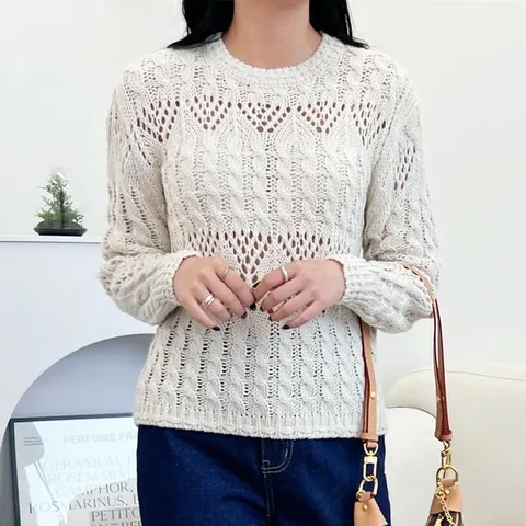 [하프클럽/다잇템]여자 펀칭 휴가룩 망사 비침 U넥 꽈배기 니트